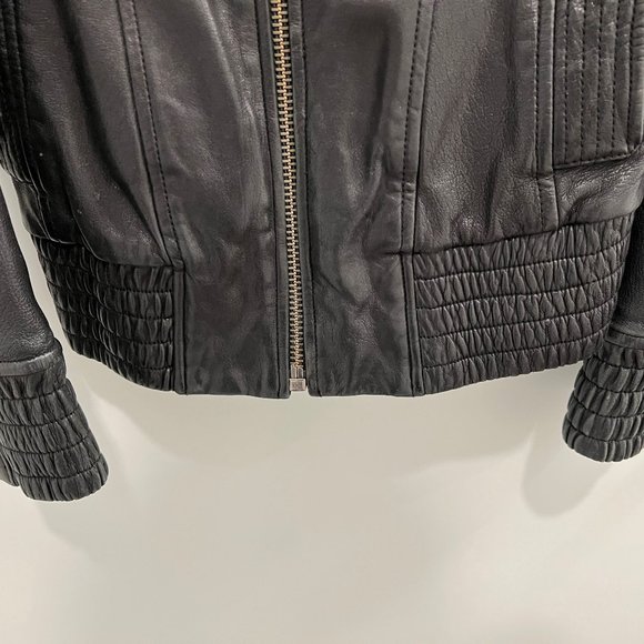 Mackage Leather Jacket Black XXS Aritzia Bomber Hidden Hood - Picture 4 of 6